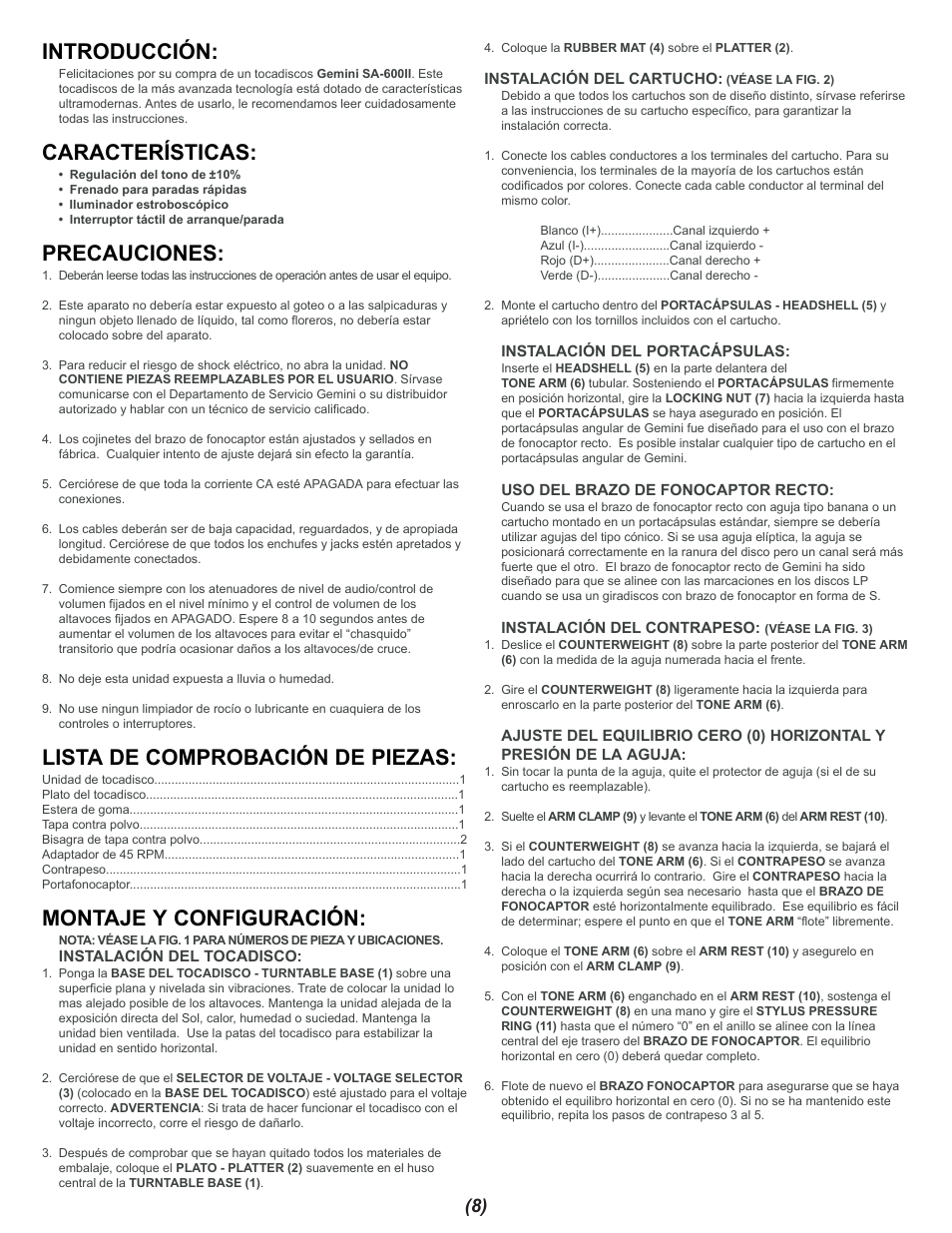 Introducción, Características, Precauciones | Lista de comprobación de piezas, Montaje y configuración | Gemini SA-600II User Manual | Page 8 / 12