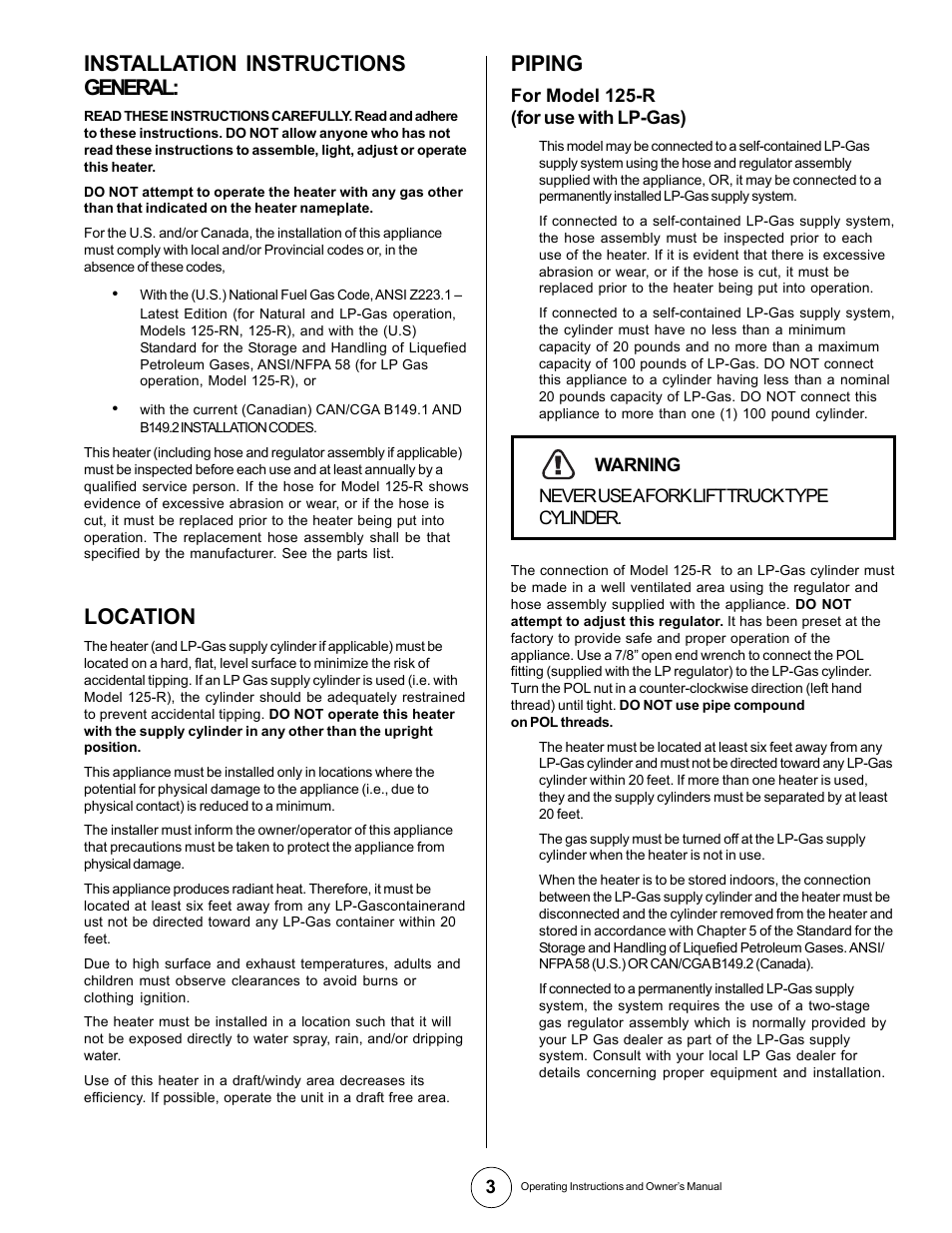 Installation instructions general, Location, Piping | Gas-Fired Products 125-RN User Manual | Page 3 / 9