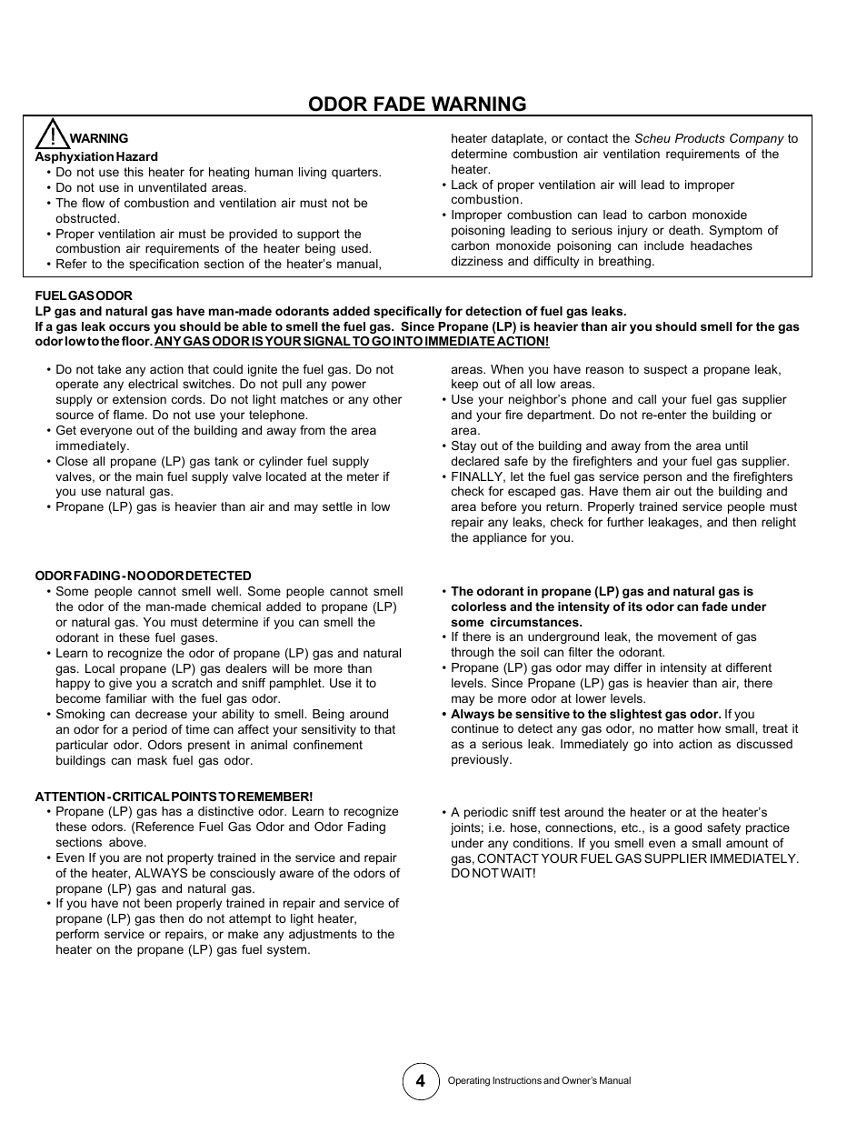 Odor fade warning | Gas-Fired Products 125-RN User Manual | Page 4 / 9