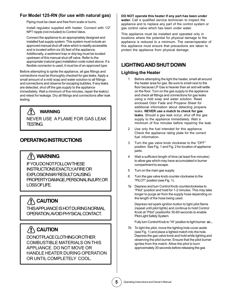 Operating instructions warning, Caution, Lighting and shut down | Gas-Fired Products 125-RN User Manual | Page 5 / 9