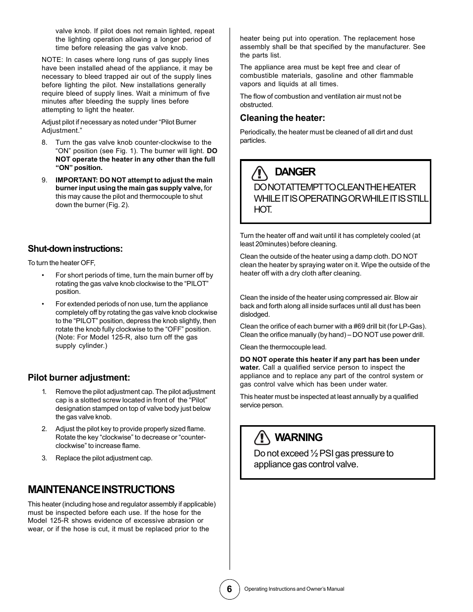 Maintenance instructions, Danger, Warning | Gas-Fired Products 125-RN User Manual | Page 6 / 9