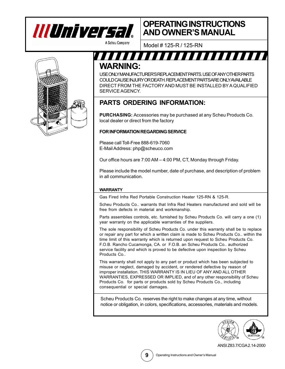 Warning, Operating instructions and owner’s manual, Parts ordering information | Gas-Fired Products 125-RN User Manual | Page 9 / 9