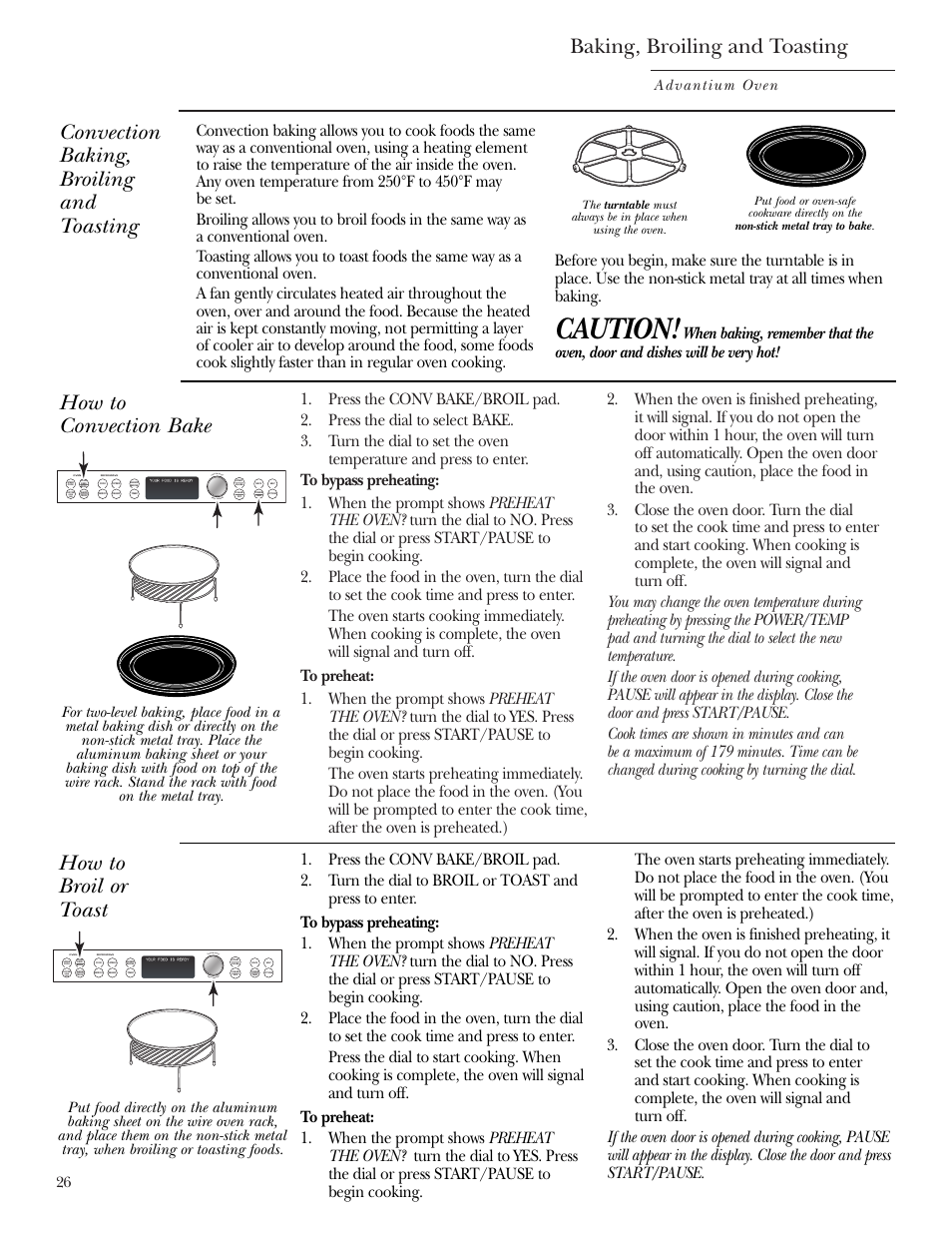 Convection baking, broiling and toasting, Caution, Baking, broiling and toasting | Advantium oven | GE Monogram ZSC1000 User Manual | Page 26 / 44