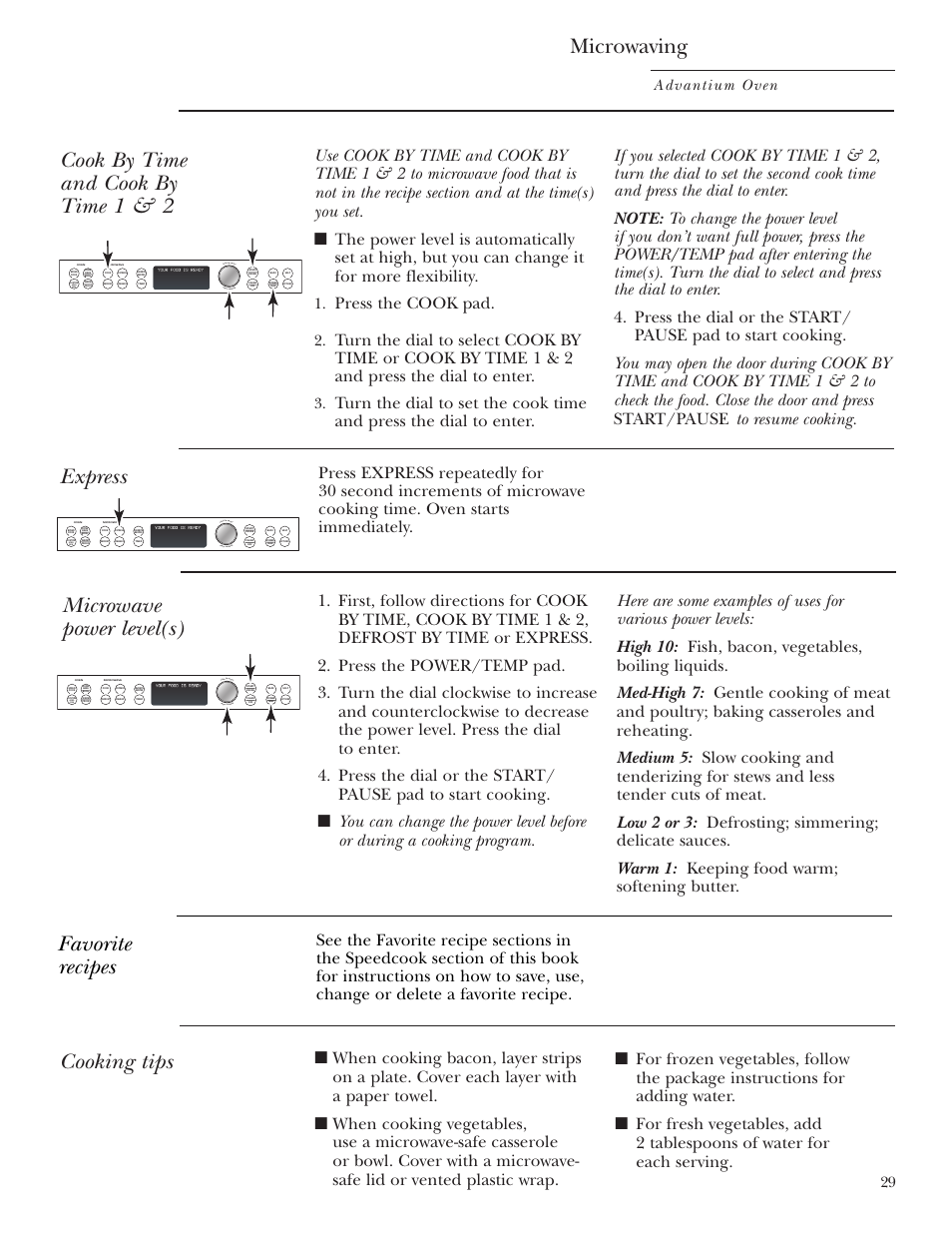 Cooking by time, Cooking tips, Favorite recipes | Microwave power level(s), Cooking by time cooking tips, Favorite recipes microwave power level(s), Microwaving, Cook by time and cook by time 1 & 2, Express microwave power level(s), Press the cook pad | GE Monogram ZSC1000 User Manual | Page 29 / 44