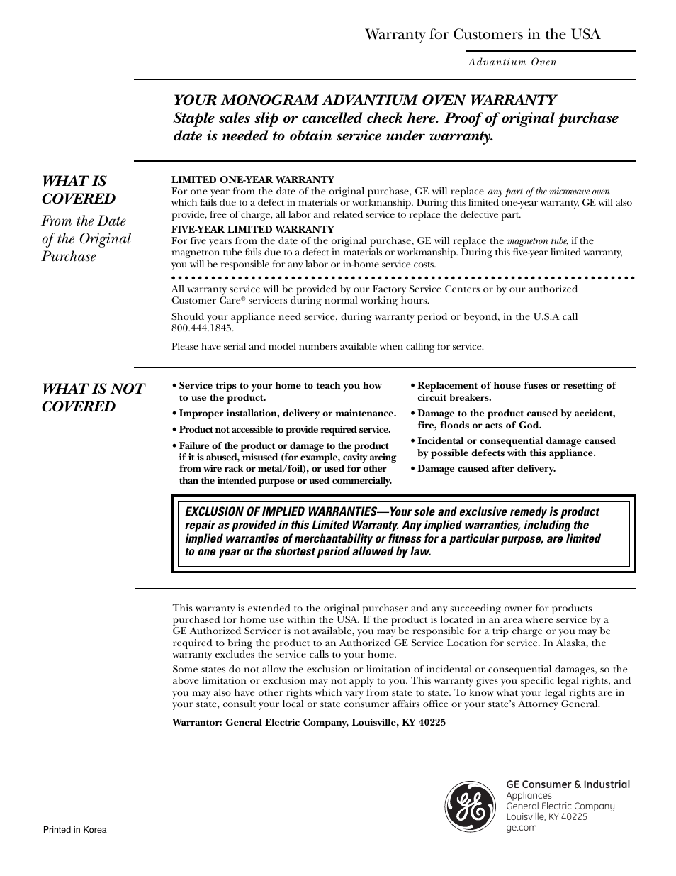 Warranty, Warranty for customers in the usa, What is not covered | GE Monogram ZSC1000 User Manual | Page 44 / 44