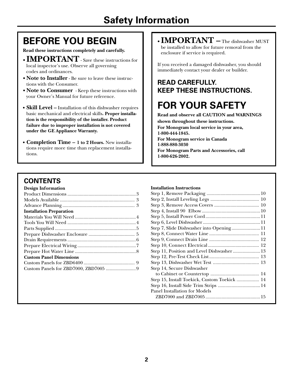 Safety information, For your safety, Before you begin | Important | GE Monogram ZBD7100 User Manual | Page 2 / 16