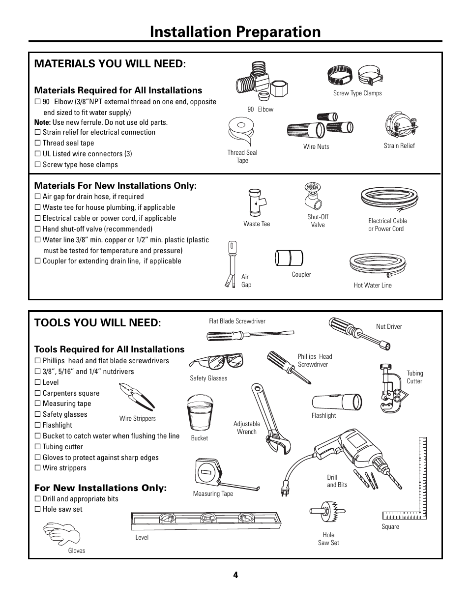 Installation preparation, Materials you will need, Tools you will need | GE Monogram ZBD7100 User Manual | Page 4 / 16
