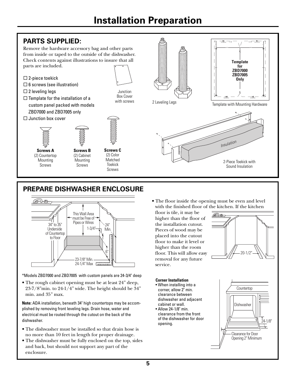 Installation preparation, Parts supplied, Prepare dishwasher enclosure | GE Monogram ZBD7100 User Manual | Page 5 / 16