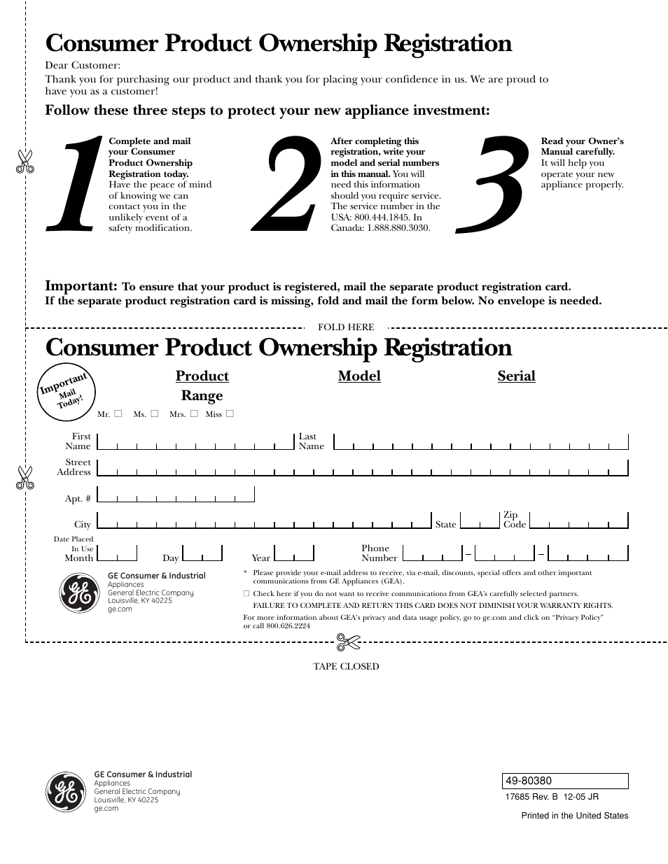 Consumer product ownership registration | GE Monogram ZDP36N4R User Manual | Page 44 / 44