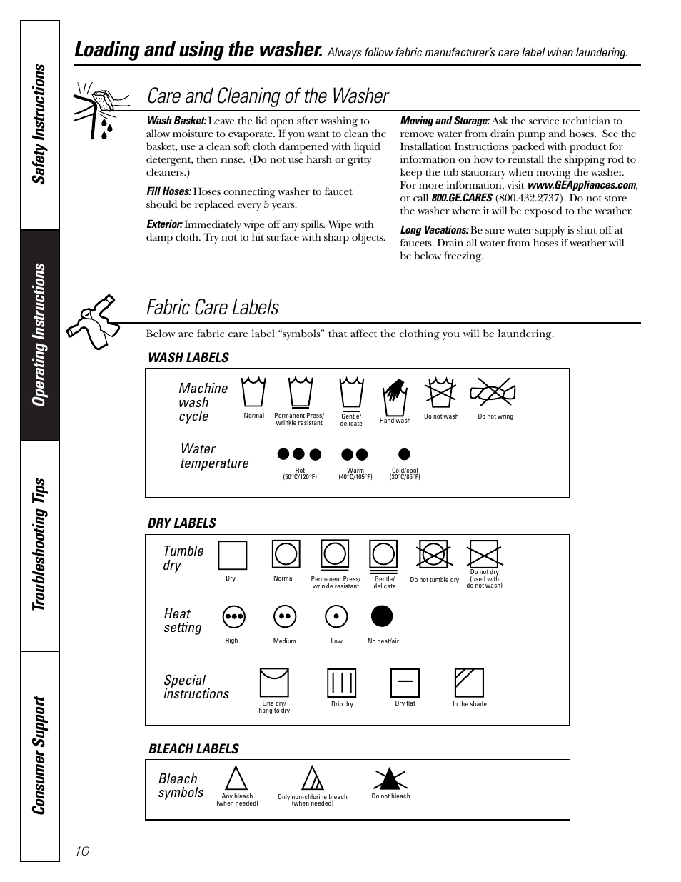 Care and cleaning of the washer, Fabric care labels, Loading and using the washer | Machine wash cycle, Water temperature, Tumble dry, Heat setting, Special instructions, Bleach symbols, Wash labels dry labels bleach labels | GE Monogram WJSR4160 User Manual | Page 10 / 16