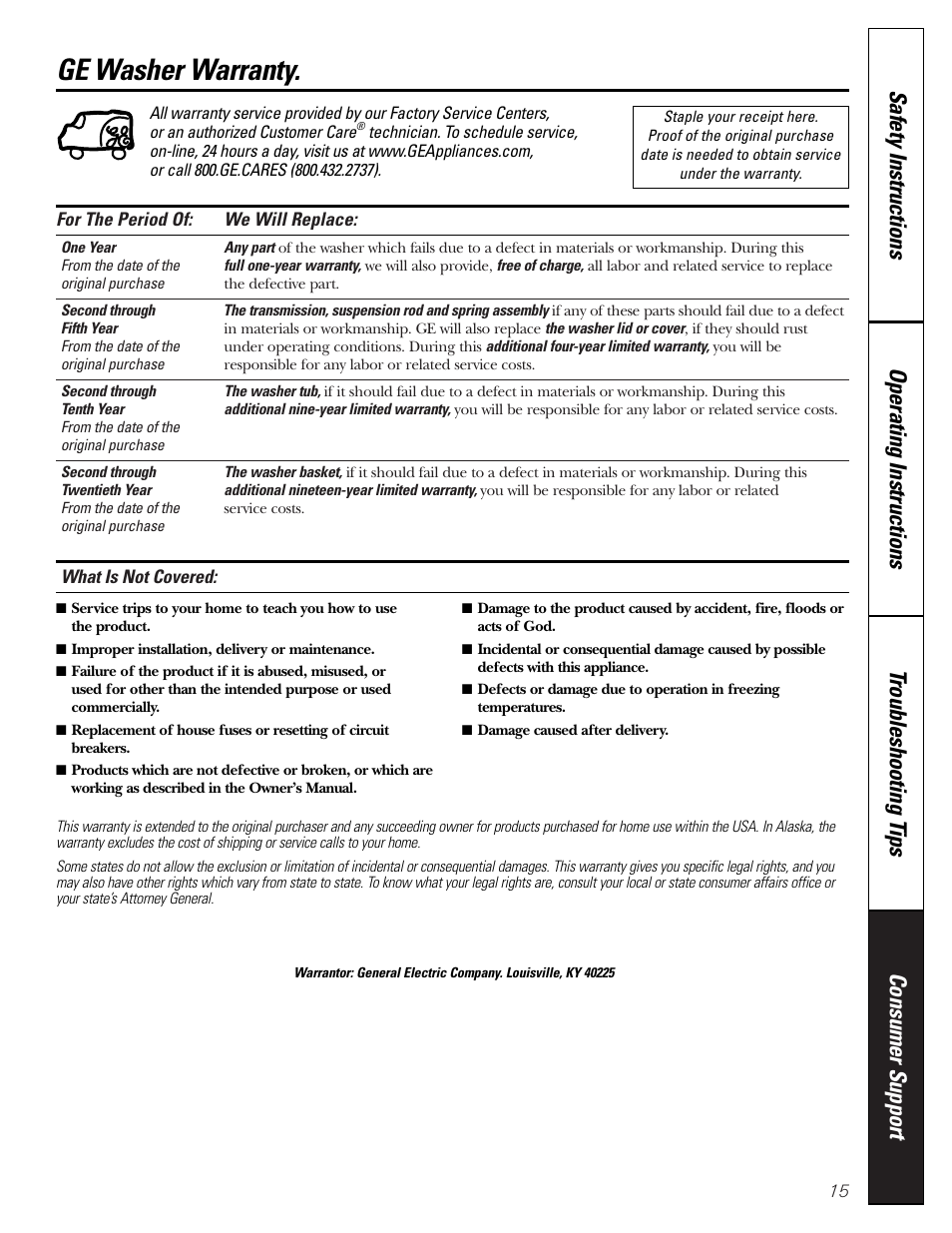 Warranty, Ge washer warranty | GE Monogram WJSR4160 User Manual | Page 15 / 16
