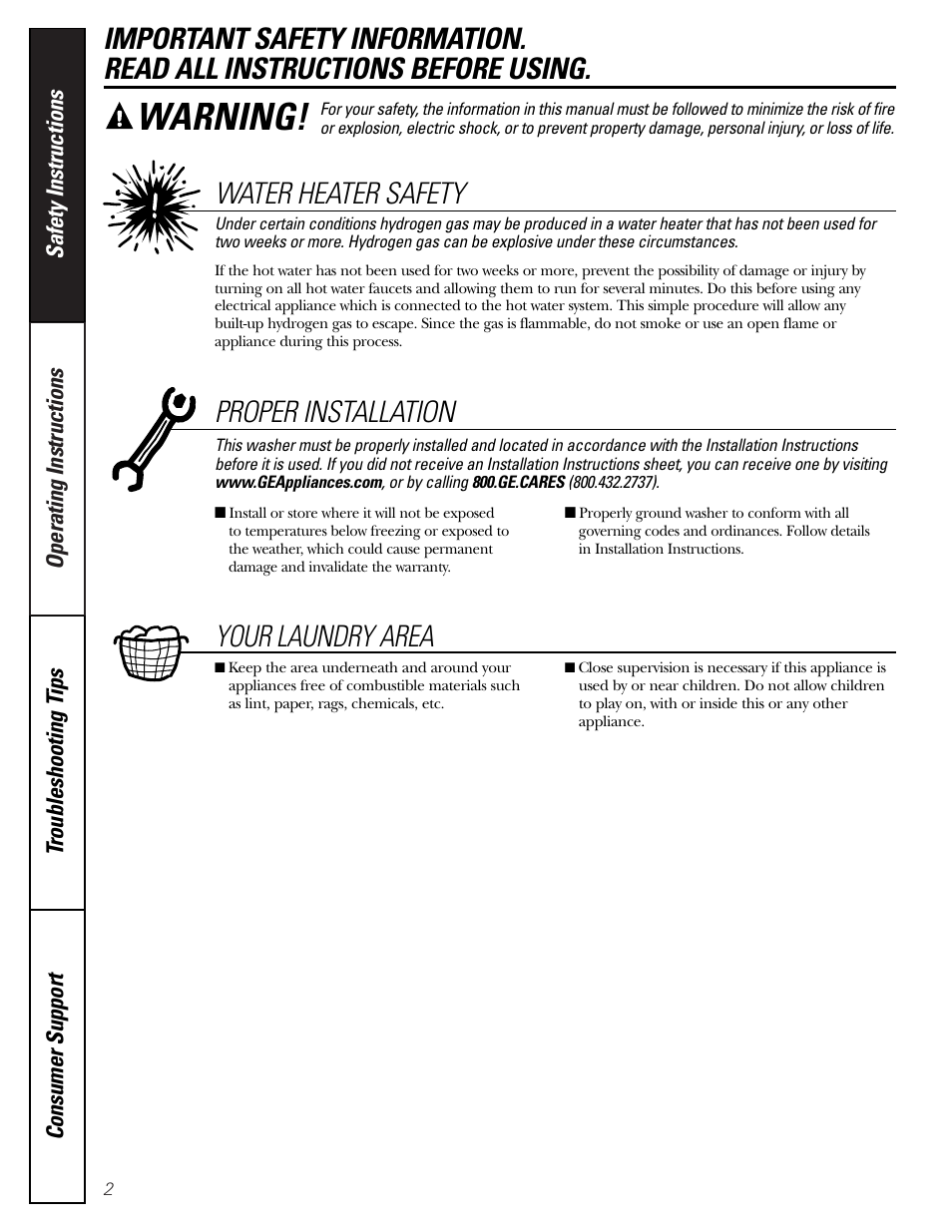 Safety information, Warning, Water heater safety | Proper installation, Your laundry area | GE Monogram WJSR4160 User Manual | Page 2 / 16