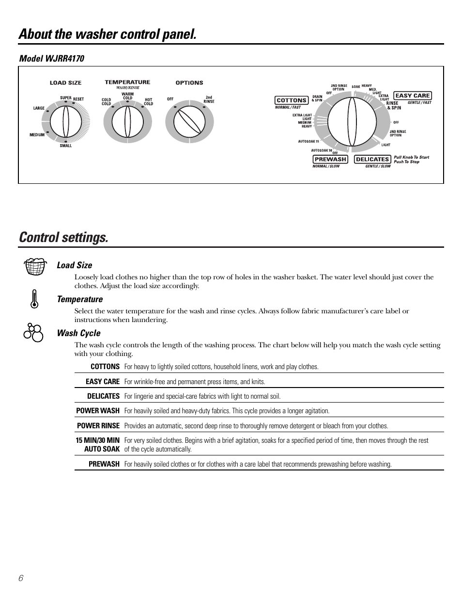 Control settings, About the washer control panel | GE Monogram WJSR4160 User Manual | Page 6 / 16