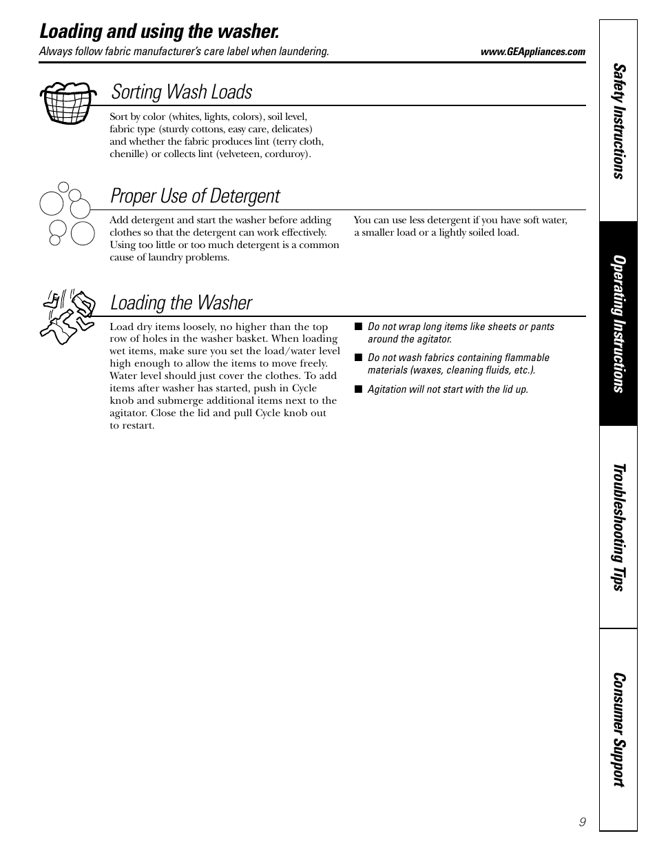 Loading and using the washer, Loading and using the washer , 10, Sorting wash loads proper use of detergent | Loading the washer | GE Monogram WJSR4160 User Manual | Page 9 / 16