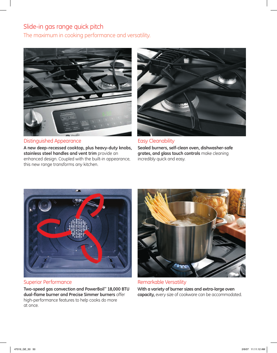 Slide-in gas range quick pitch, The maximum in cooking performance and versatility, Distinguished appearance | Easy cleanability, Superior performance, Remarkable versatility | GE Monogram PGS975 User Manual | Page 10 / 11