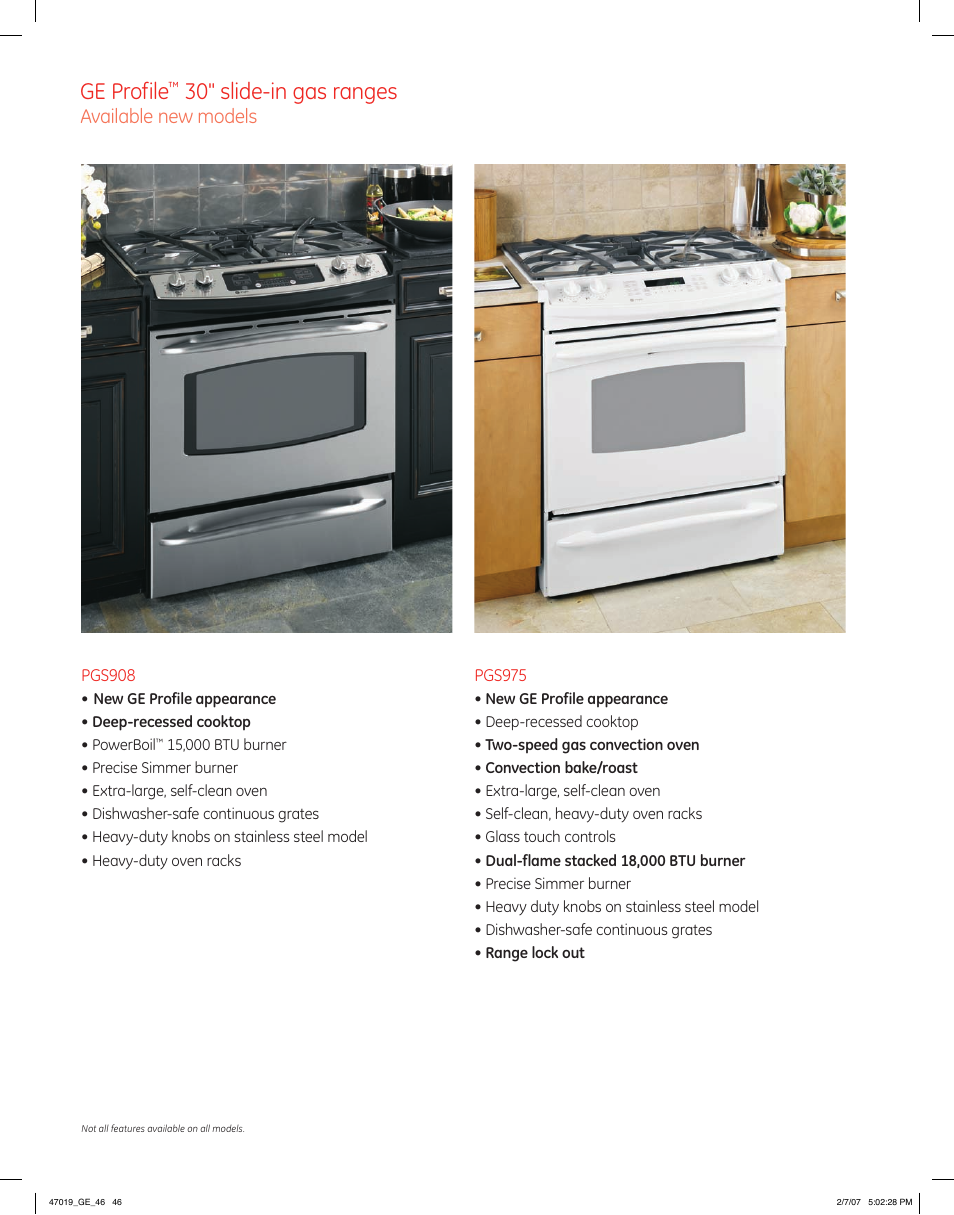 Ge profile, 30" slide-in gas ranges, Available new models | GE Monogram PGS975 User Manual | Page 8 / 11