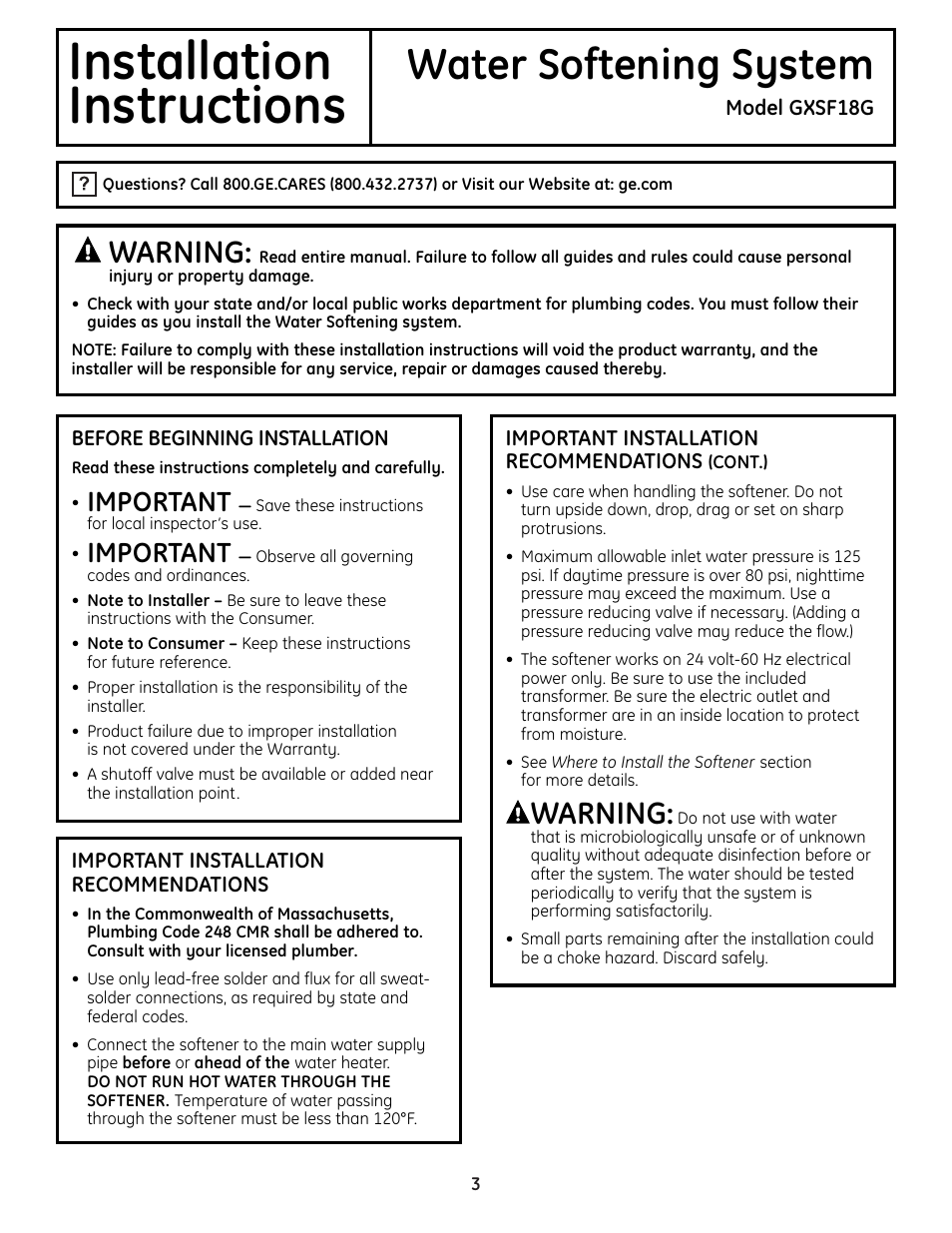 Installation instructions, Installation, Instructions | Water softening system, Warning, Important | GE Monogram GXSF18G User Manual | Page 3 / 64