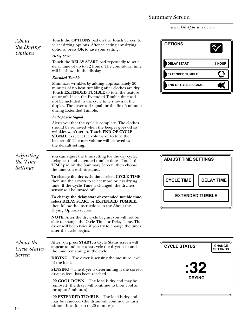 Summary screen, About the drying options, Adjusting the time settings | About the cycle status screen | GE Monogram GEAPPLIANCES 3828EL2001A 175D1807P416 User Manual | Page 10 / 44