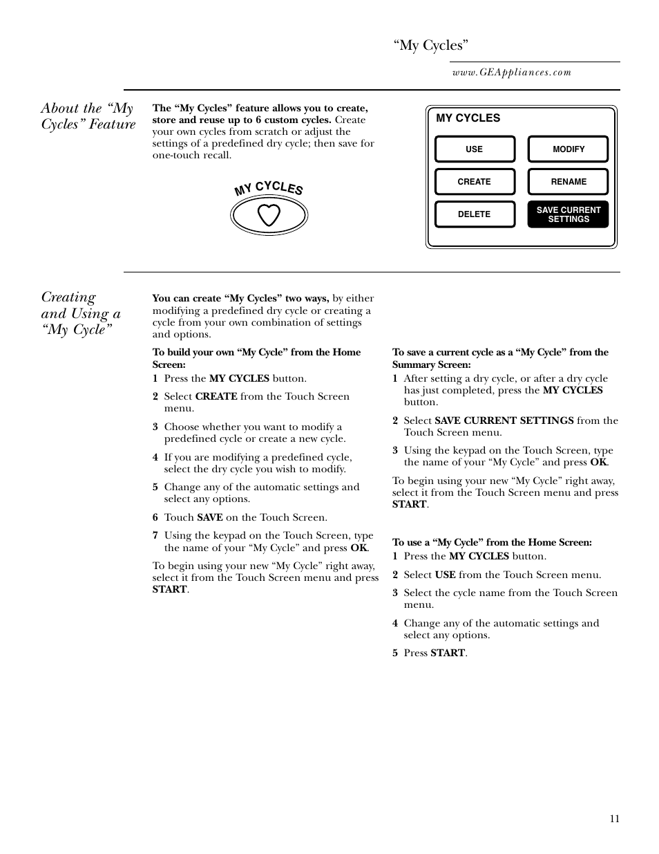 My cycles, My cycles” , 12, About the “my cycles” feature | Creating and using a “my cycle | GE Monogram GEAPPLIANCES 3828EL2001A 175D1807P416 User Manual | Page 11 / 44