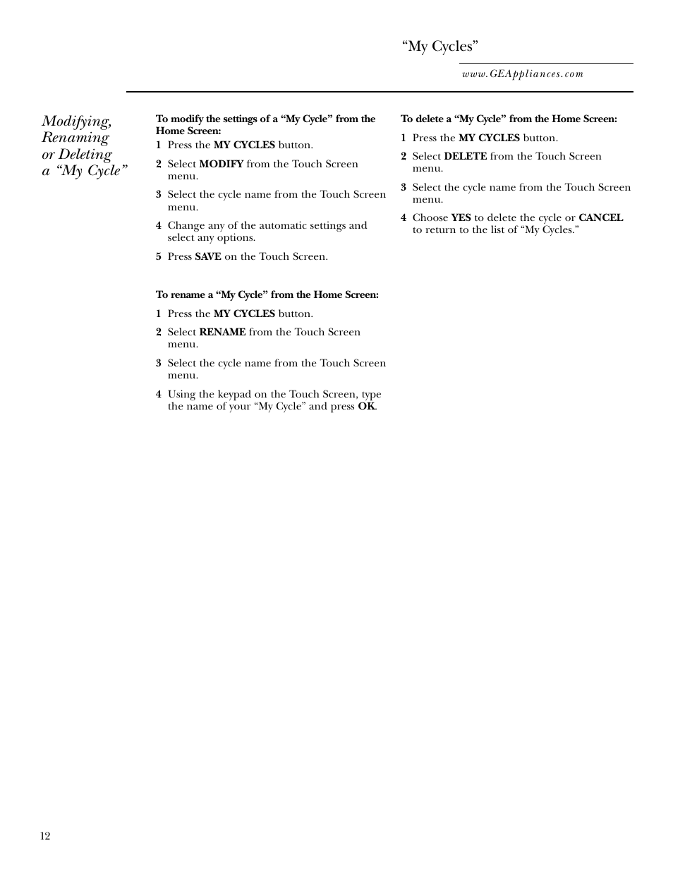 My cycles, Modifying, renaming or deleting a “my cycle | GE Monogram GEAPPLIANCES 3828EL2001A 175D1807P416 User Manual | Page 12 / 44