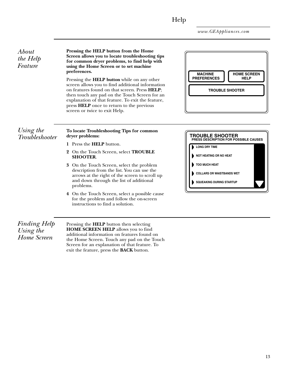 Help, Troubleshooter, Help , 14 | About the help feature, Using the troubleshooter, Finding help using the home screen | GE Monogram GEAPPLIANCES 3828EL2001A 175D1807P416 User Manual | Page 13 / 44