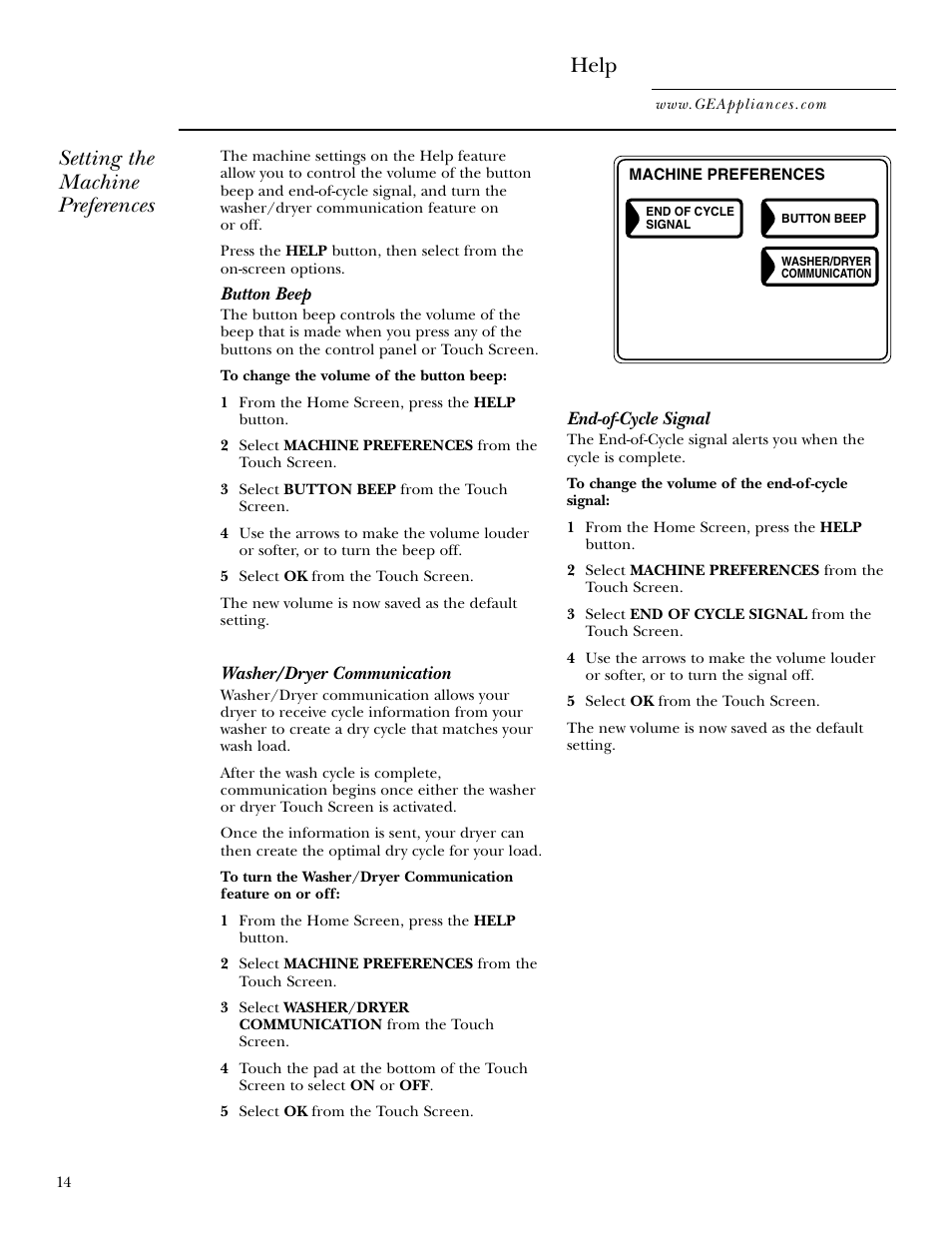 Help, Setting the machine preferences | GE Monogram GEAPPLIANCES 3828EL2001A 175D1807P416 User Manual | Page 14 / 44