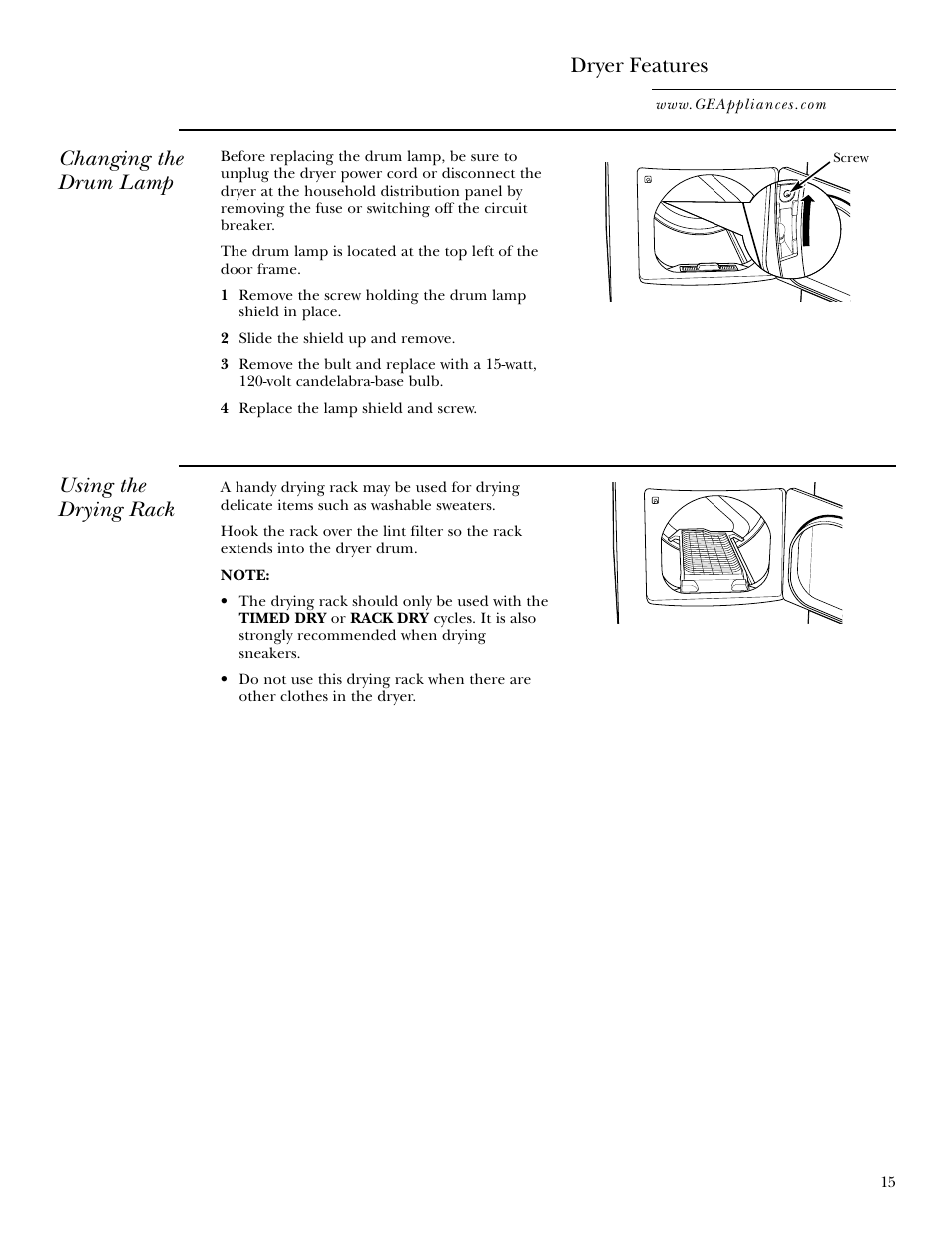 Dryer features, Changing the drum lamp, Using the drying rack | GE Monogram GEAPPLIANCES 3828EL2001A 175D1807P416 User Manual | Page 15 / 44