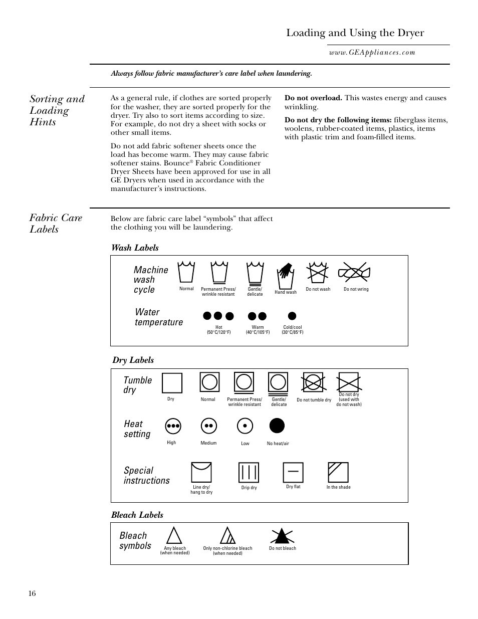 Loading and using the dryer, Loading and using the dryer , 17, Sorting and loading hints | Fabric care labels, Machine wash cycle, Water temperature, Tumble dry, Heat setting, Special instructions, Bleach symbols | GE Monogram GEAPPLIANCES 3828EL2001A 175D1807P416 User Manual | Page 16 / 44