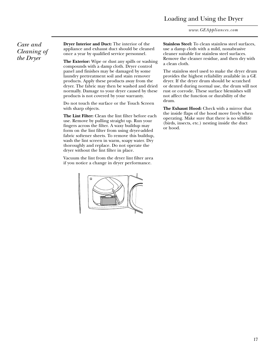 Loading and using the dryer, Care and cleaning of the dryer | GE Monogram GEAPPLIANCES 3828EL2001A 175D1807P416 User Manual | Page 17 / 44