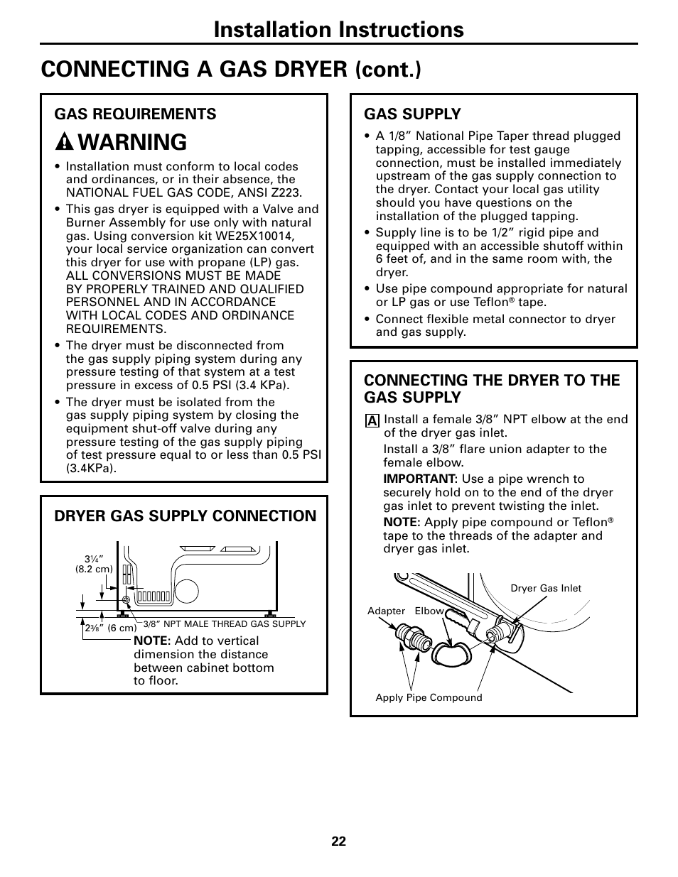 Installation instructions, Warning, Connecting a gas dryer (cont.) | Gas requirements, Dryer gas supply connection, Gas supply, Connecting the dryer to the gas supply | GE Monogram GEAPPLIANCES 3828EL2001A 175D1807P416 User Manual | Page 22 / 44