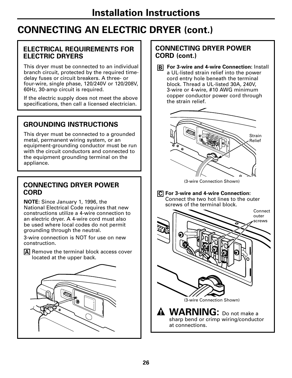 Installation instructions, Connecting an electric dryer (cont.), Warning | GE Monogram GEAPPLIANCES 3828EL2001A 175D1807P416 User Manual | Page 26 / 44