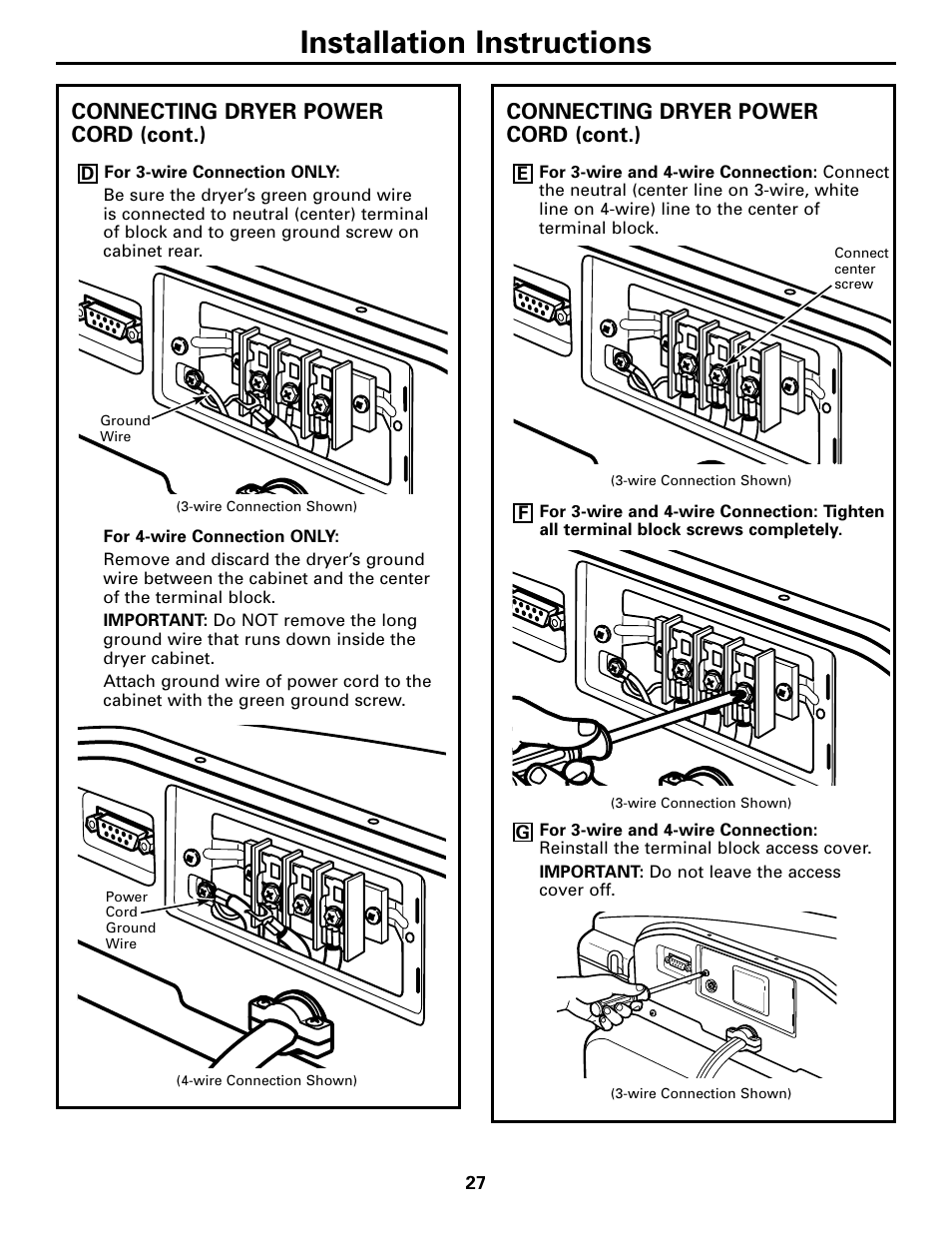 Installation instructions, Connecting dryer power cord (cont.) | GE Monogram GEAPPLIANCES 3828EL2001A 175D1807P416 User Manual | Page 27 / 44