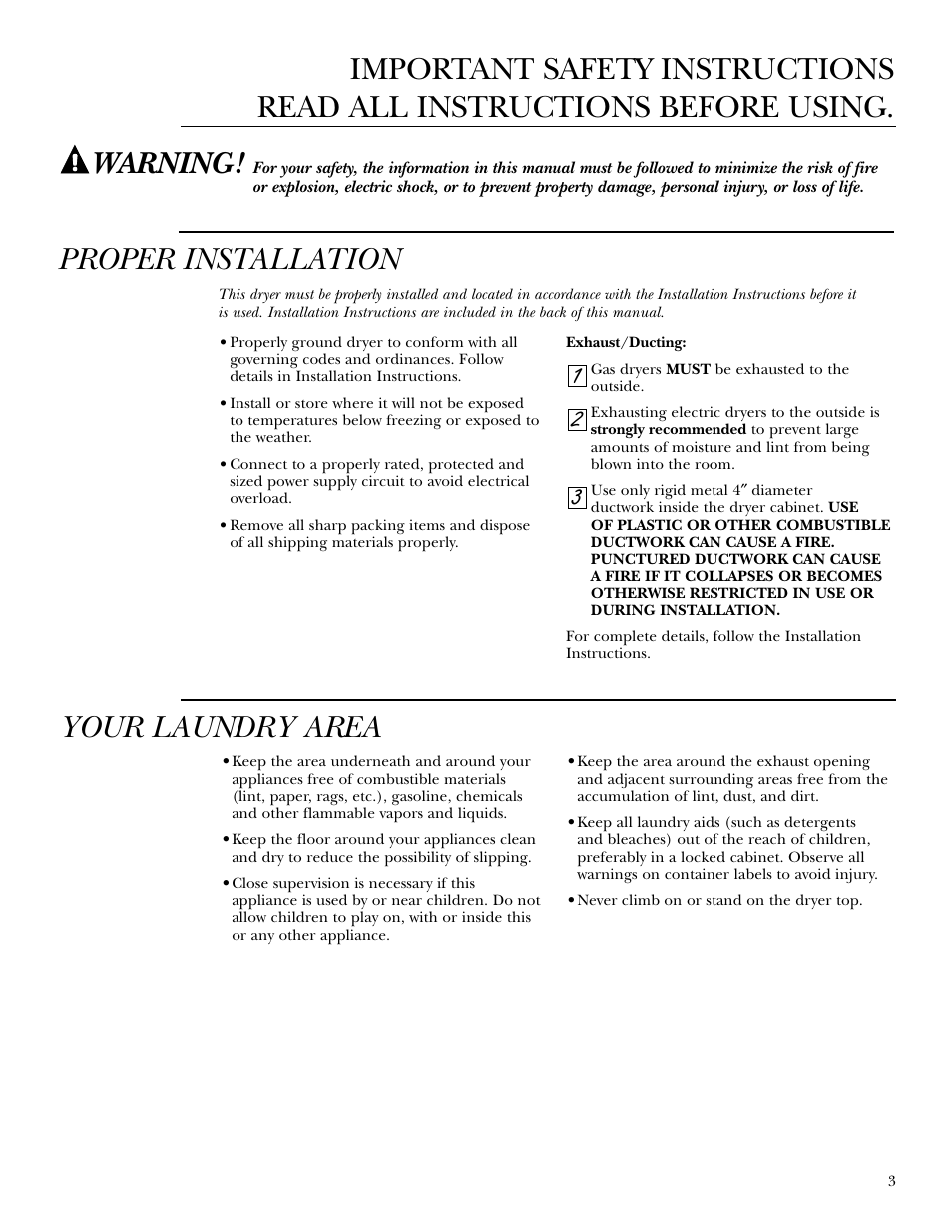 Proper installation, Your laundry area, Warning | GE Monogram GEAPPLIANCES 3828EL2001A 175D1807P416 User Manual | Page 3 / 44
