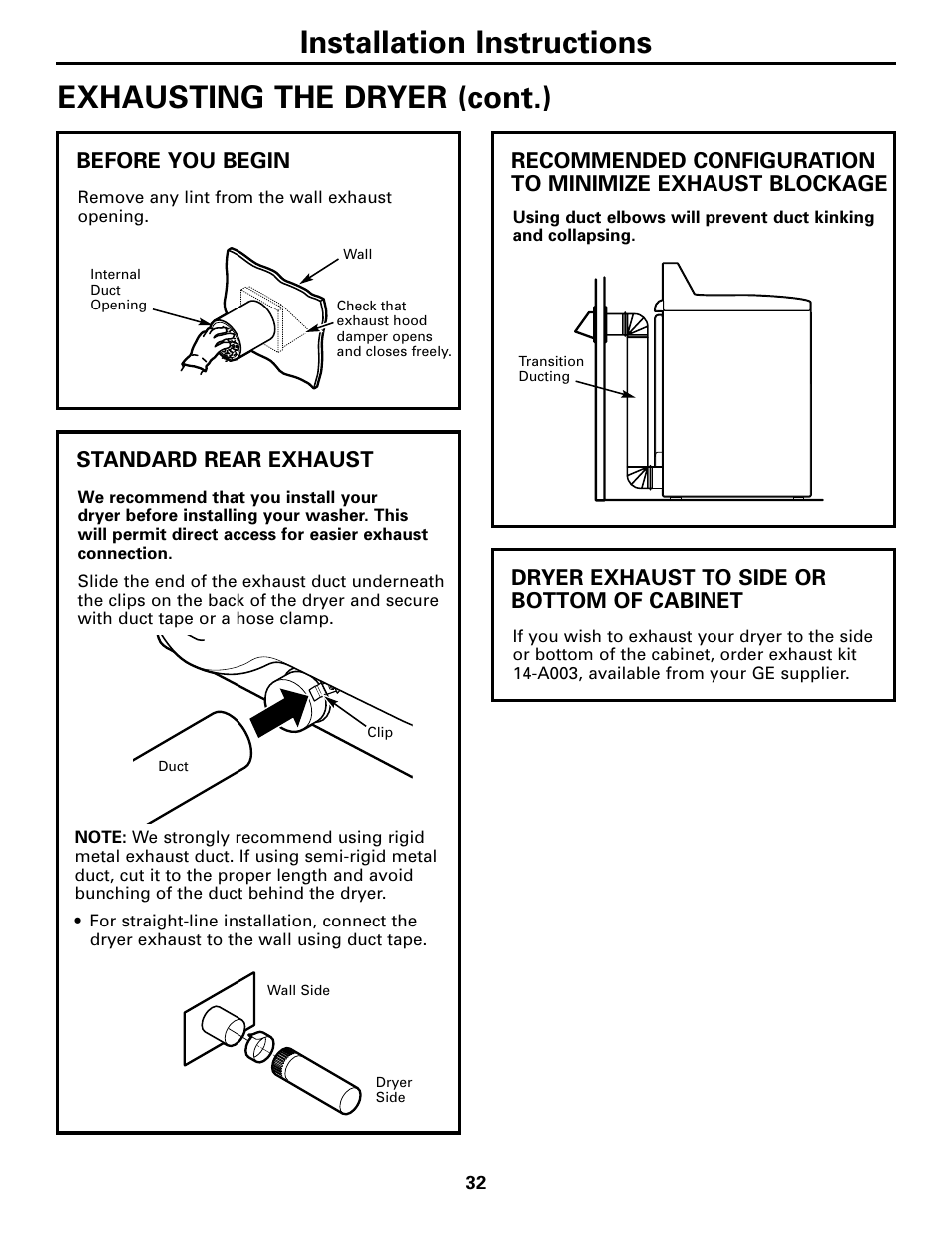 Installation instructions, Exhausting the dryer (cont.) | GE Monogram GEAPPLIANCES 3828EL2001A 175D1807P416 User Manual | Page 32 / 44