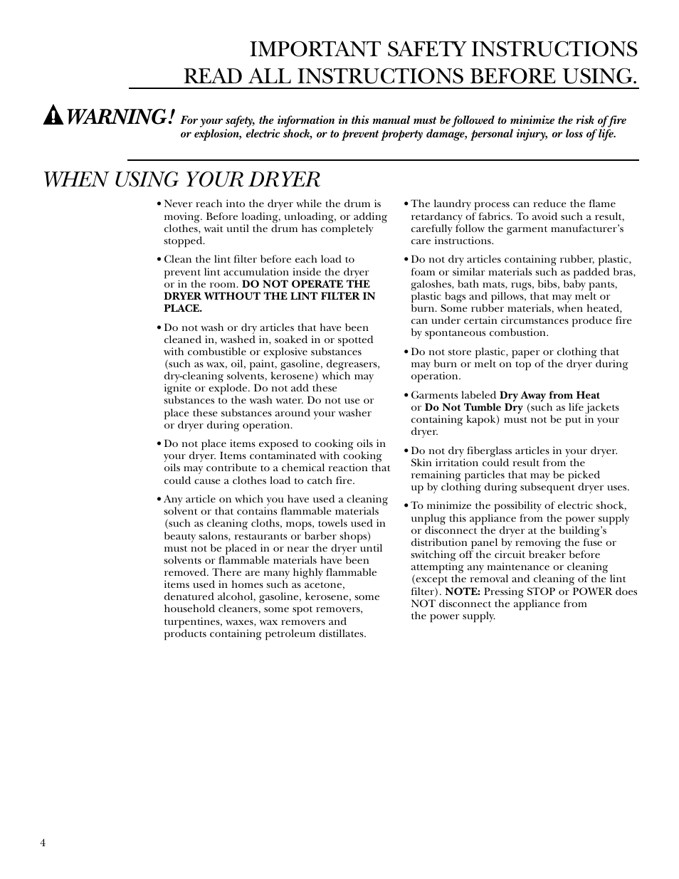When using your dryer, Warning | GE Monogram GEAPPLIANCES 3828EL2001A 175D1807P416 User Manual | Page 4 / 44