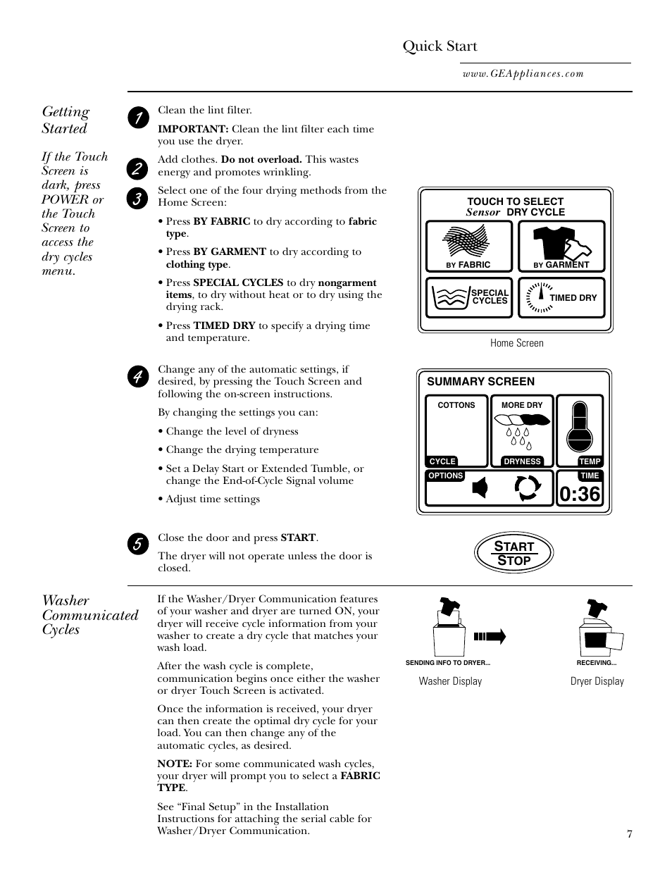 Quick start guide, Quick start, Getting started | Washer communicated cycles | GE Monogram GEAPPLIANCES 3828EL2001A 175D1807P416 User Manual | Page 7 / 44