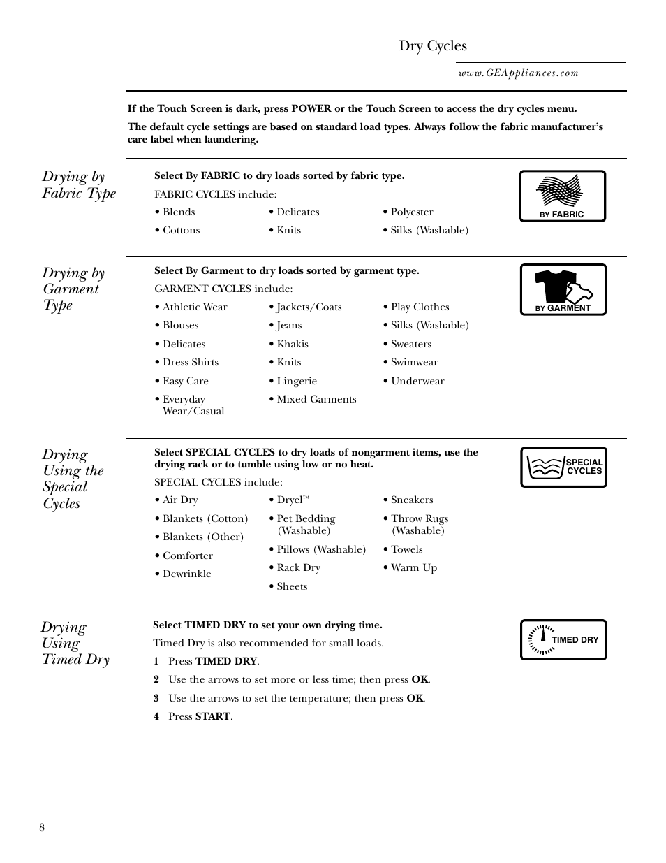 Cycle options, Dry cycles, Drying by fabric type | Drying by garment type, Drying using timed dry, Drying using the special cycles | GE Monogram GEAPPLIANCES 3828EL2001A 175D1807P416 User Manual | Page 8 / 44