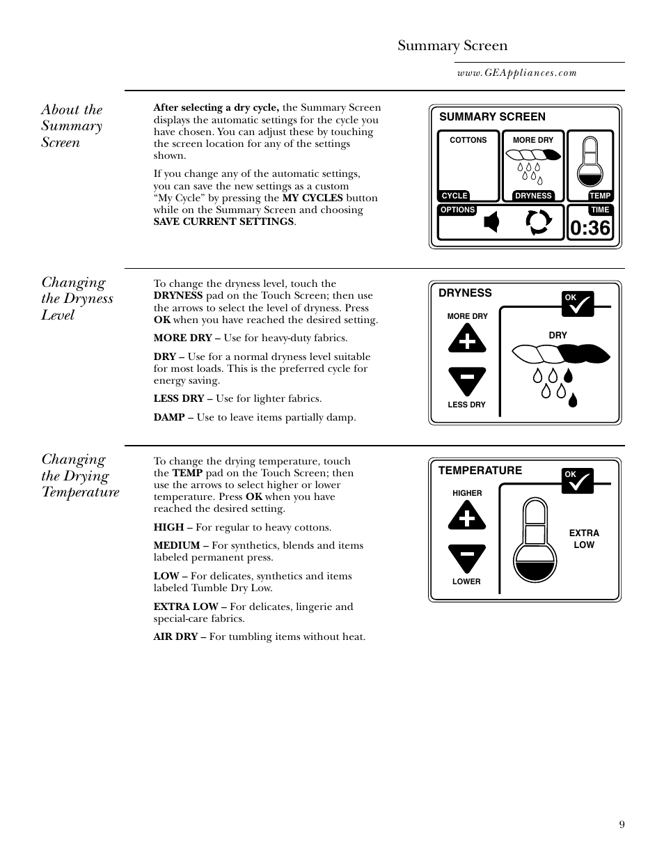Summary screen, Summary screen , 10, About the summary screen | Changing the dryness level, Changing the drying temperature | GE Monogram GEAPPLIANCES 3828EL2001A 175D1807P416 User Manual | Page 9 / 44