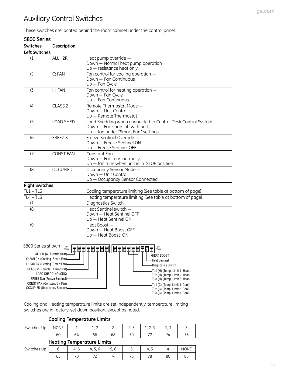 Auxiliary control switches, 5800 series, Cooling temperature limits | Heating temperature limits | GE Monogram 5800 Series User Manual | Page 13 / 60