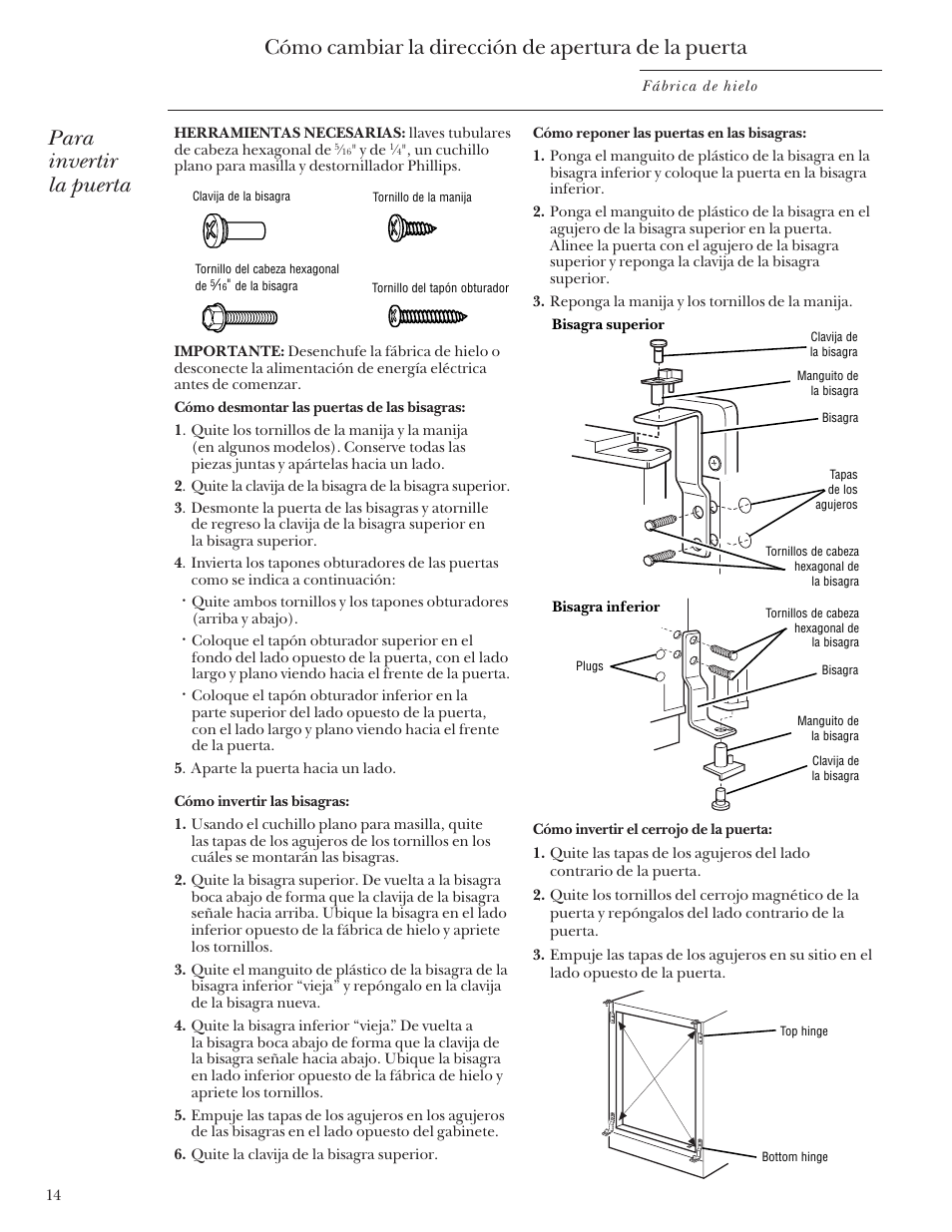 Cómo cambiar la dirección de apertura de la puerta, Para invertir la puerta | GE Monogram ZDIS15 User Manual | Page 42 / 46