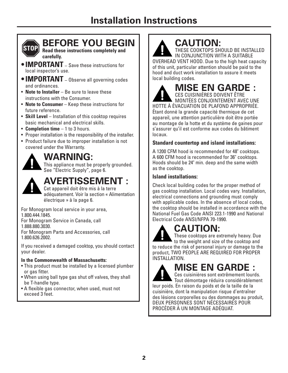 Installation instructions caution, Mise en garde, Caution | Before you begin, Warning, Avertissement, Important | GE Monogram ZGU36N4D User Manual | Page 2 / 12