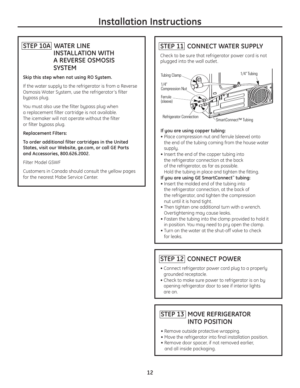 Installation instructions, 716dia2, Step 11 connect water supply | Step 12 connect power, Step 13 move refrigerator into position | GE Monogram Drawer Freezer Refrigerator User Manual | Page 12 / 16