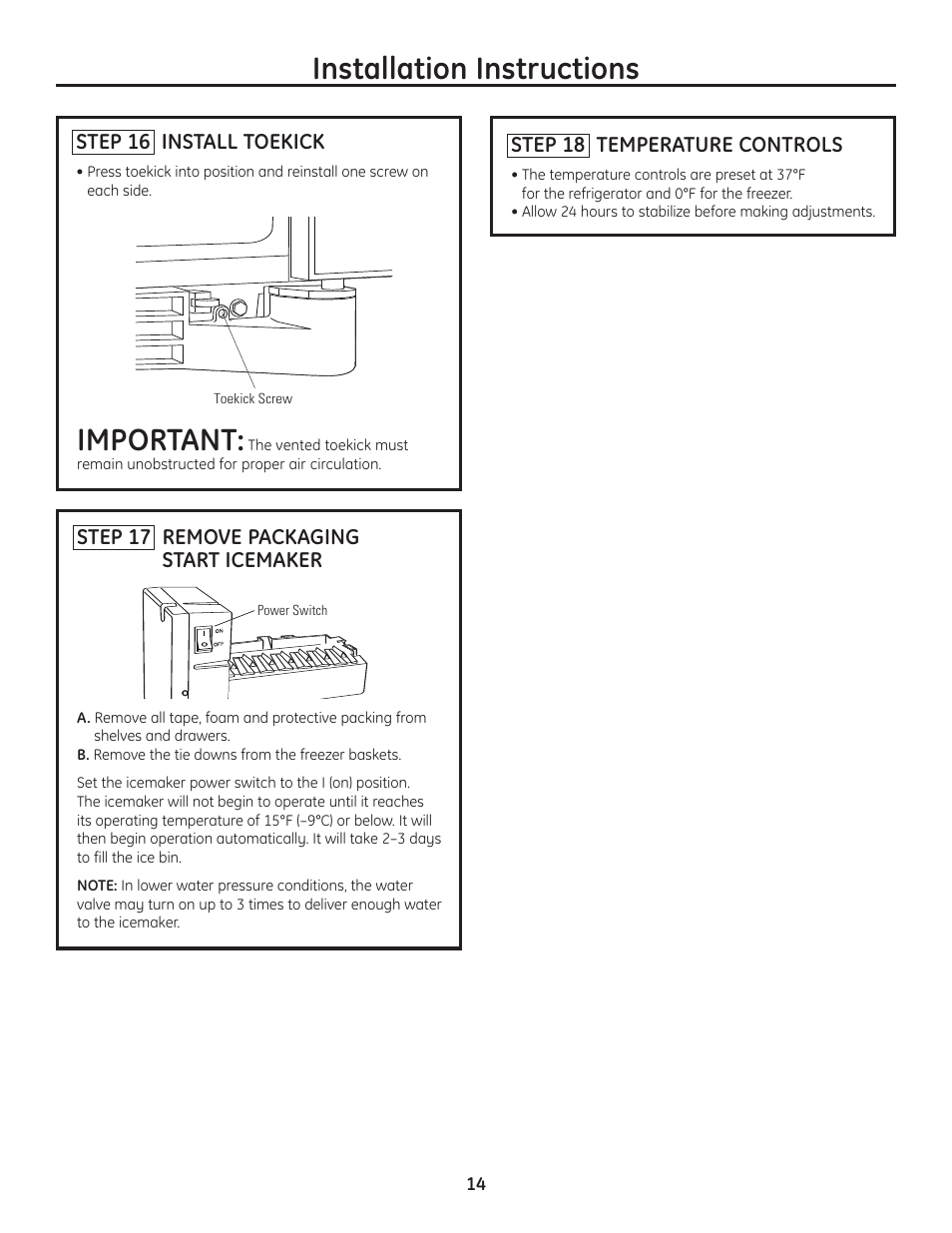 213dia5, Important, Installation instructions | GE Monogram Drawer Freezer Refrigerator User Manual | Page 14 / 16
