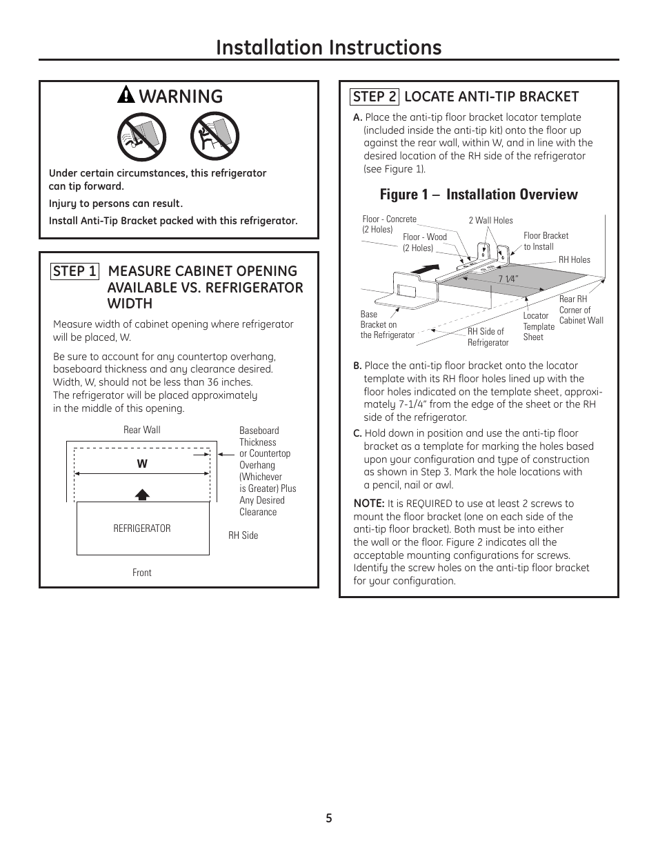 Installation instructions, Warning, Step 2 locate anti-tip bracket | Figure 1 – installation overview | GE Monogram Drawer Freezer Refrigerator User Manual | Page 5 / 16