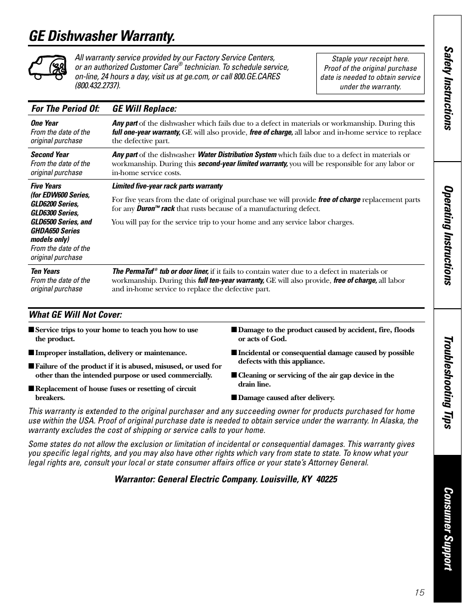 Warranty, Ge dishwasher warranty | GE Monogram GHDA450 User Manual | Page 15 / 16