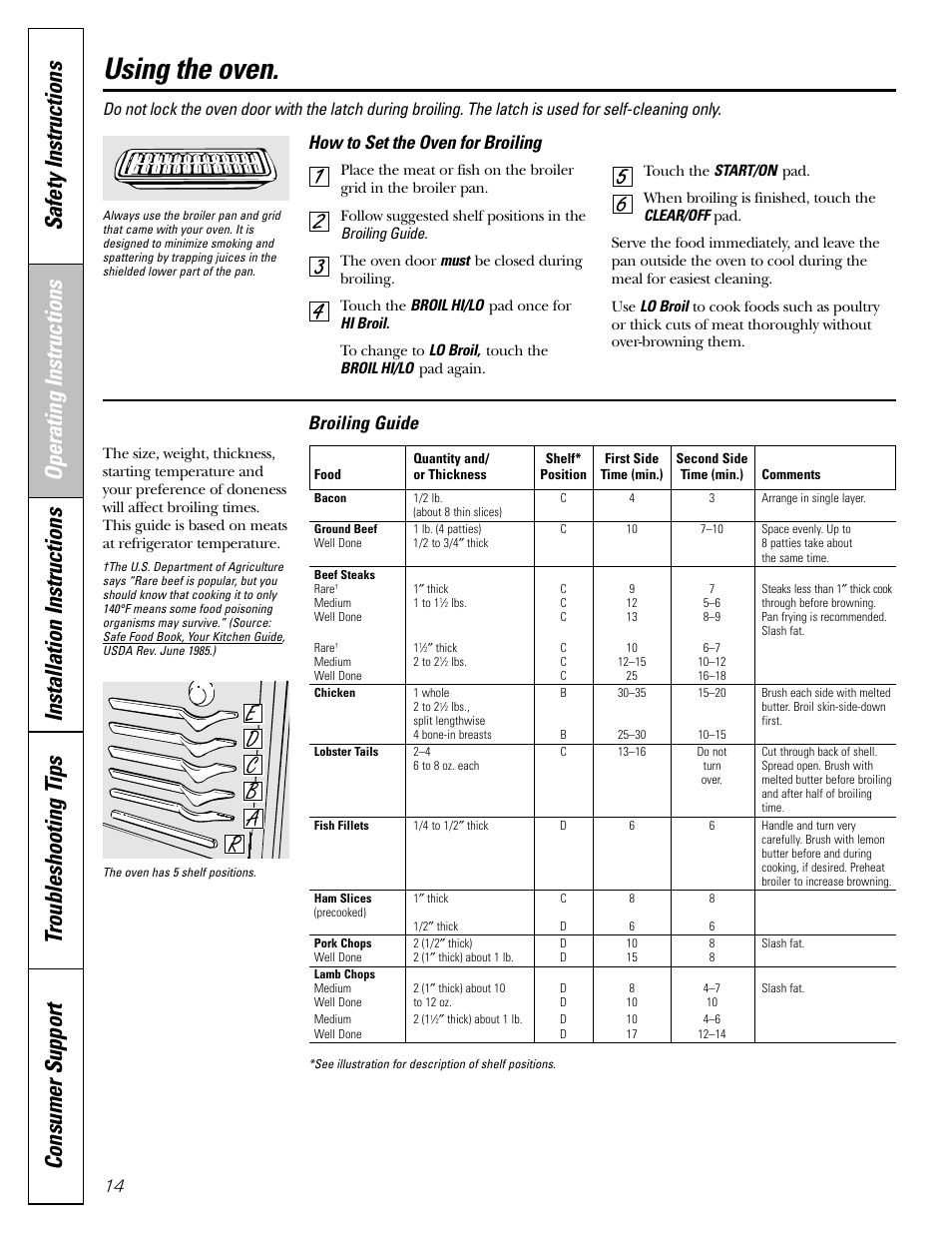 Broiling, broiling guide, Using the oven, Broiling guide | How to set the oven for broiling | GE Monogram JGBP29 User Manual | Page 14 / 56