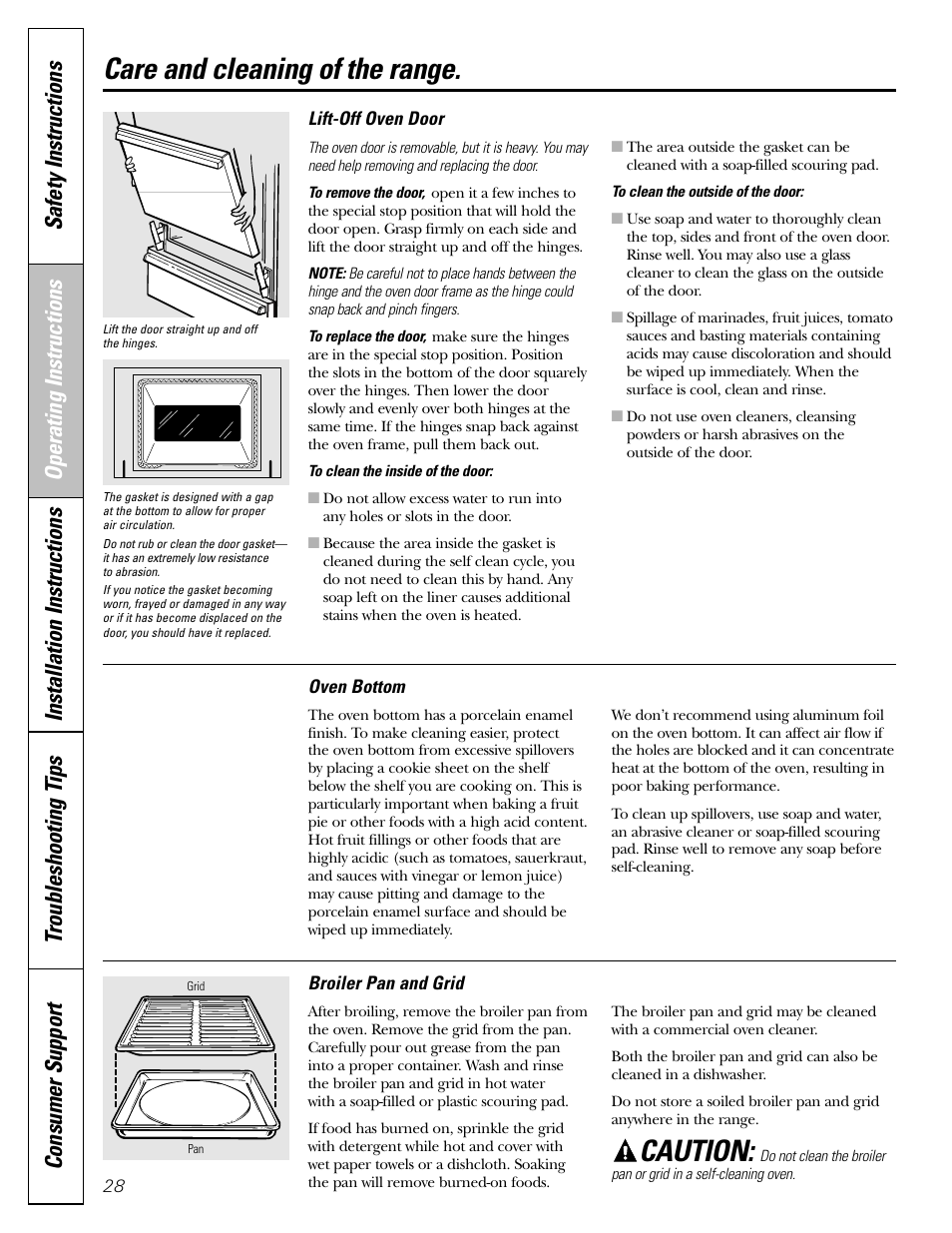 Broiler pan and grid, Door removal, Oven bottom | Care and cleaning of the range, Caution | GE Monogram JGBP29 User Manual | Page 28 / 56