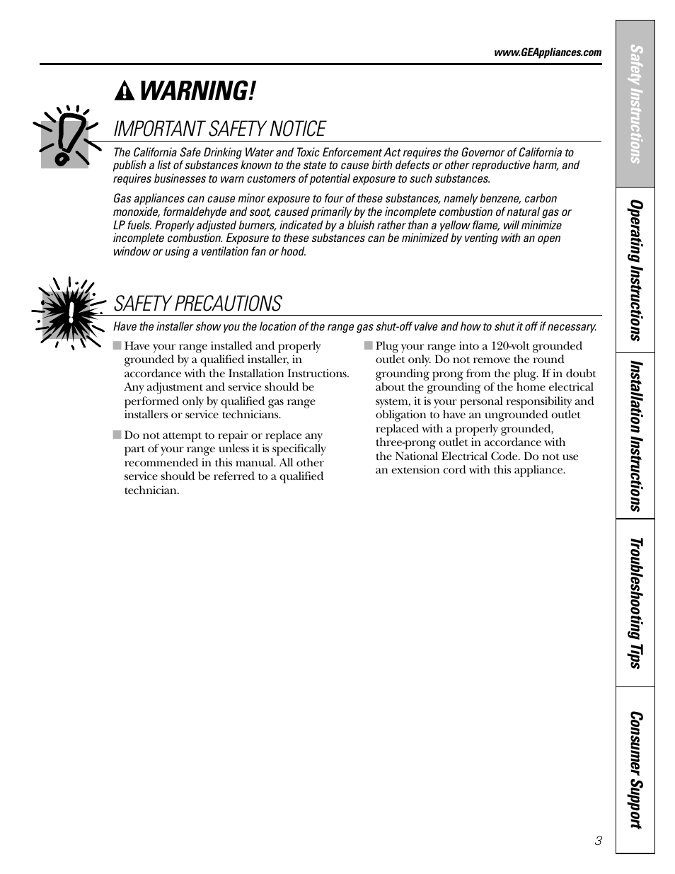 Warning, Safety precautions important safety notice | GE Monogram JGBP29 User Manual | Page 3 / 56