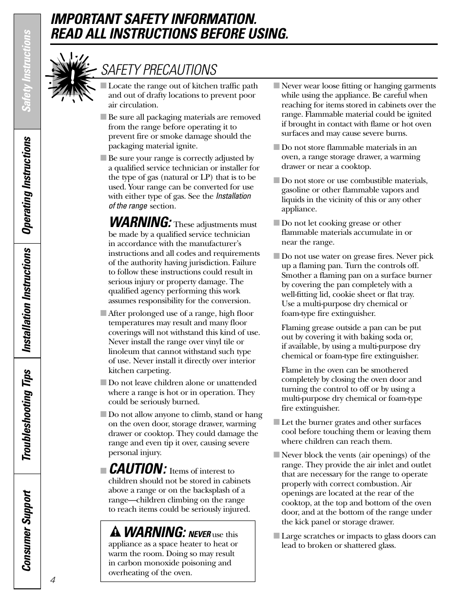 Warning, Caution, Safety precautions | Operating instructions | GE Monogram JGBP29 User Manual | Page 4 / 56