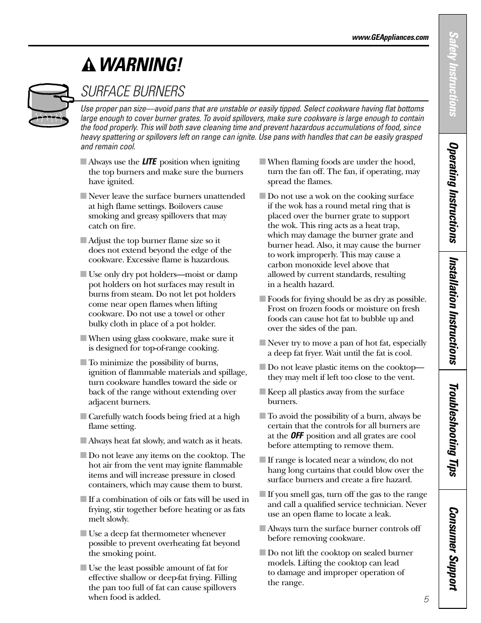 Warning, Surface burners | GE Monogram JGBP29 User Manual | Page 5 / 56